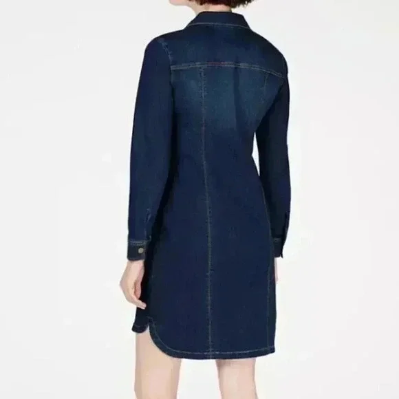Denim Dress Button Down Long Sleeve Dark Wash Casual Shirt Dress - Picture 2 of 9